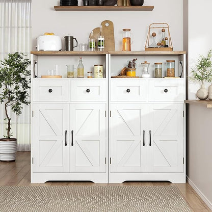 Befrases Farmhouse White Storage Cabinet with Doors and Drawers, Freestanding Kitchen Pantry Cabinet, Floor Storage Cabinet Hutch Cupboard for Kitchen, Living Dining Room, Bathroom