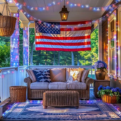 JMEXSUSS 400 LED Red White and Blue String Lights Outdoor, Plug in | 132FT 4th of July Lights Indoor, 8 Modes Patriotic String Light for Memorial Day Independence Day Decoration, with Remote