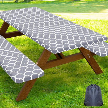 Smiry Picnic Table Cover with Bench Covers, Waterproof Elastic Fitted Tablecloth for 4 Foot Tables, Washable Polyester Tablecloths for Camping, Indoor & Outdoor (Grey, 24x48 Inch 3-pc Set)