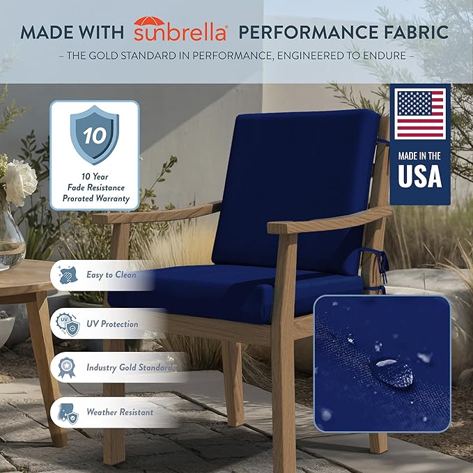 California Umbrella Outdoor Dining Chair, Patio Seat Cushion, 20 x 40 Inch, Premium Outdoor Memory Foam, Fade Resistant Sunbrella Fabric, Fabric Ties,True Blue
