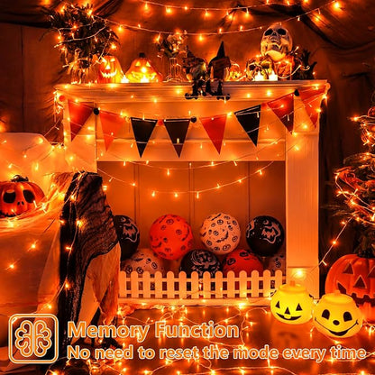 YEGUO 66ft 200 LED Orange Halloween String Lights, Clear Wire Christmas String Lights Indoor, 8 Modes Twinkle Tree Lights Plug in with Timer Memory.
