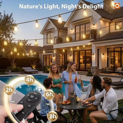 addlon 102FT(96+6) Solar String Lights Outdoor, with 52 Dimmable LED Bulbs | Waterproof, Shatterproof, Spaced 2FT, USB Charging, Remote, Last 20+ Hrs, Easy Install for Garden Backyard Pergola Party