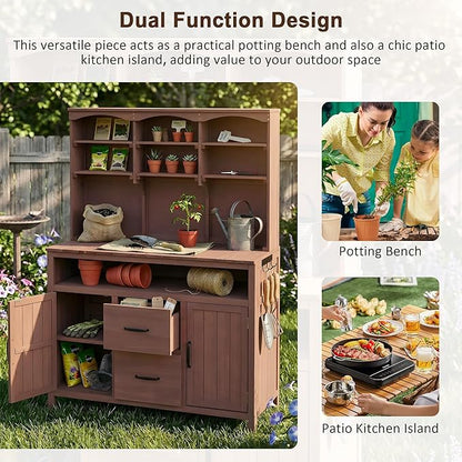 Merax 45.3" Large Outdoor Fir Wood Potting Bench with Storage, Multi-Functional Patio Kitchen Island with 6-Shelf Hutch+2 Cabinets+2 Drawers+3 Hooks, Garden Workstation for Planting, Gardening, Brown