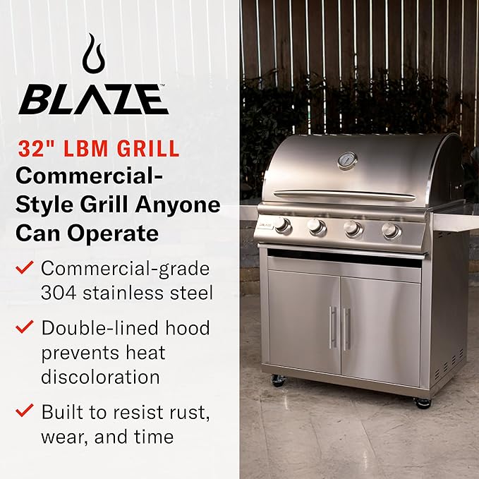 Blaze Prelude LBM Built-In Natural Gas Grill | 32-Inch 4-Burner BBQ with 56,000 BTUs | 304 Stainless Steel Construction | Flame Stabilizing Grids | BLZ-4LBM-NG
