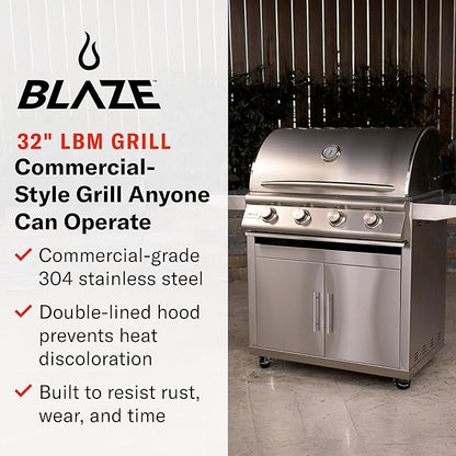 Blaze Prelude LBM Built-In Propane Gas Grill | 32-Inch 4-Burner BBQ with 56,000 BTUs | 304 Stainless Steel Construction | Flame Stabilizing Grids | BLZ-4LBM-LP