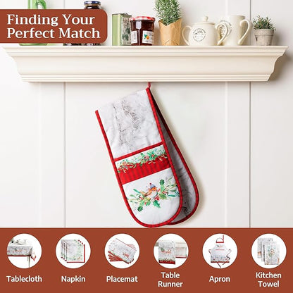 Maison d' Hermine Double Oven Mitt (7" x 35") 100% Cotton Heat Resistant BBQ Cooking Gloves with Loop for Thanksgiving Christmas Decorations Baking Cooking Handling Hot Pan (Christmas Tradition)