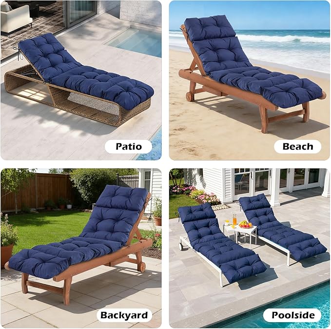 Chaise Lounge Cushions Outdoor, Waterproof & Fade Resistant Patio Lounge Chair Cushions for Outdoor Furniture, Chaise Cushion with Ties for Patio, Pool, Lawn and Beach, 75.1x22.8x4.7 Inch, Navy Blue