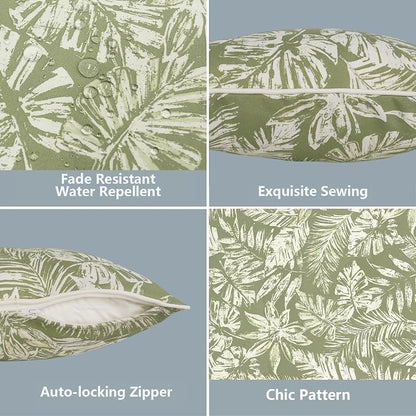 LVTXIII 2 Pack Outdoor Lumbar Pillow Covers 12x20 Inch with Piping, Water-Repellent Back Cushion Covers ONLY for Patio Furniture, Sofa, Garden Bench, Tropical Leaf Green