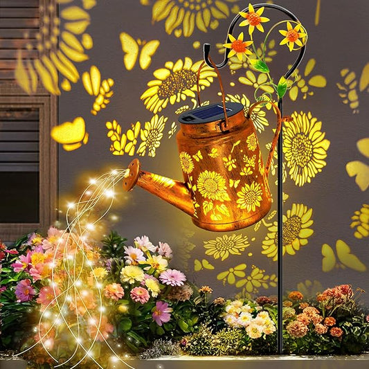 Solar Lights Outdoor Waterproof, Sunflower Solar Watering Can Lights with Shepherd Hook, Birthday Gifts for Mom Grandma Women Mother's Day, Metal Hanging Lantern Garden Decor Yard Outside Patio Lawn