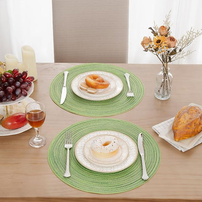 SHACOS Round Placemats Set of 4 Round Table Placemats Braided Cotton Place Mats 15 inch for Kitchen Dining Table Holiday Party (Mixed Color Pea Green, 4)