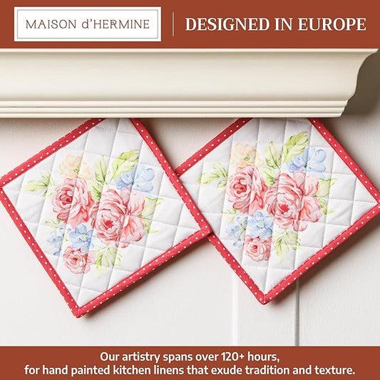 Maison d' Hermine Pot Holders 100% Cotton Heat Resistant Potholders 8" x 8" Hot Pads with Loop BBQ Cooking Baking Hotel Farmhouse Kitchen Handling Hot Pans Spring Summer (Pack of 2, Vintage Floral)