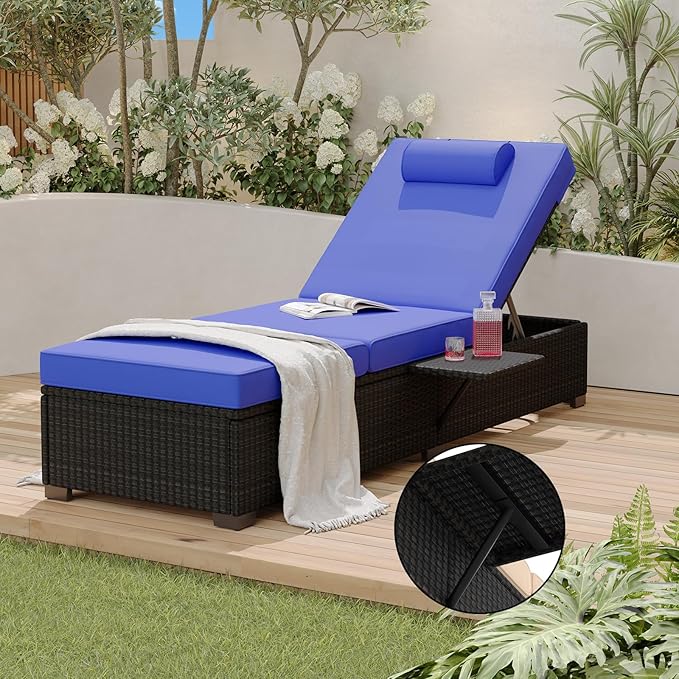 PeakPursuit Patio Lounge Chairs,Outdoor PE Wicker Chaise Lounge Set of 2,Chaise Lounge Chair Outdoor，Pool Furniture,Brown Rattan Recliners with Adjustable Backrest,Storage Table,Royal Blue