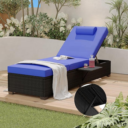 PeakPursuit Patio Lounge Chairs,Outdoor PE Wicker Chaise Lounge Set of 2,Chaise Lounge Chair Outdoor，Pool Furniture,Brown Rattan Recliners with Adjustable Backrest,Storage Table,Royal Blue