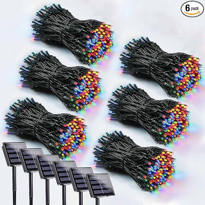 Solar Christmas Lights Outdoor 6 Pack 600 LED Solar String Light Multicolor | 8 Lighting Modes, Memory Function, Auto On/Off, 198FT Waterproof Twinkle Lights for Outside Porch Fence Balcony Decorations