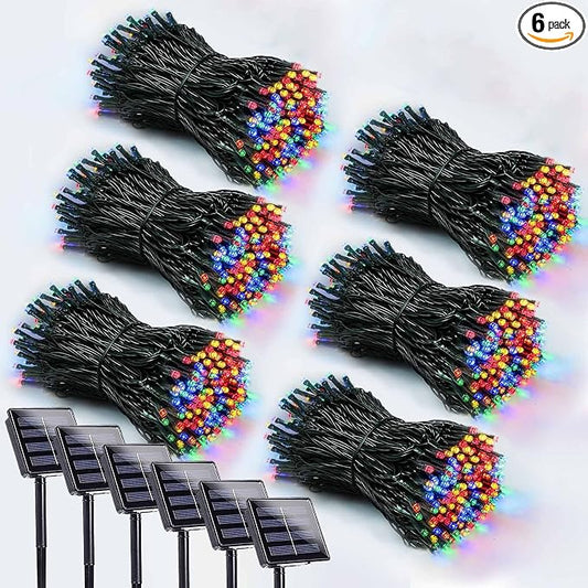 Solar Christmas Lights Outdoor 6 Pack 600 LED Solar String Light Multicolor | 8 Lighting Modes, Memory Function, Auto On/Off, 198FT Waterproof Twinkle Lights for Outside Porch Fence Balcony Decorations