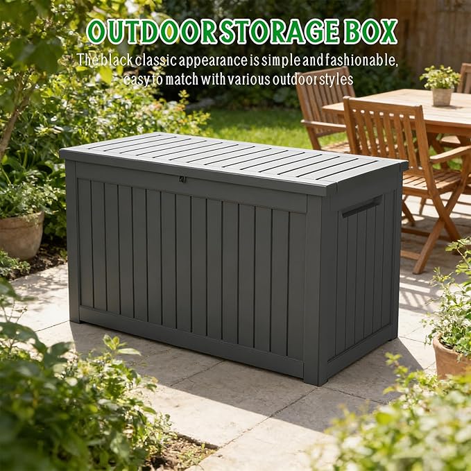 FEFLO 230 Gallon Resin Desk Boxes, Lockable Outdoor Storage Box for Furniture, Toy, Shoe, Garden & Patio Tools Storage, IP54 Weatherproof Package Delivery Boxes for Outside - Black
