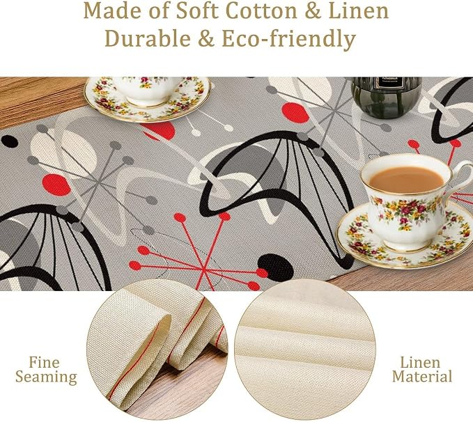 Mid Century Table Runner，Mid Century Modern 1950 Style Vintage Retro Atomic Style Print Table Runners for Party Kitchen Dining Banquet 13x108Inch