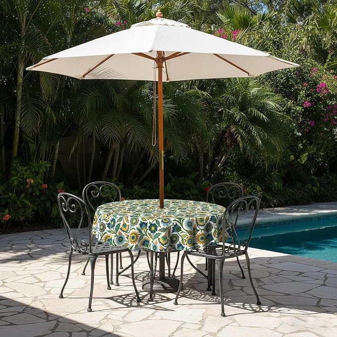 LVTXIII Round Outdoor Tablecloth with Umbrella Hole and Zipper, Water-Repellent 60 Inch Patio Table Cover for Bistro, Garden, Patio & Picnic, Fiesta Floral