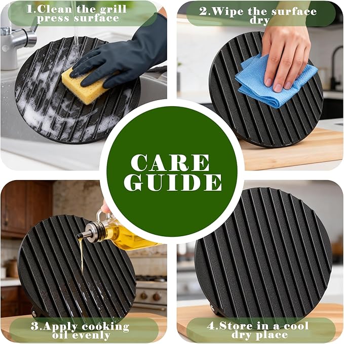 2Pack 2.3lb Steak Weight & Burger Press, Striped Base, 7" Round 7"X4" Heavy Duty Cast Iron Grill Press with Wood Handle for Blackstone, Chef, Camp, Panini, Vegetable, Bacon, Sandwich, BBQ