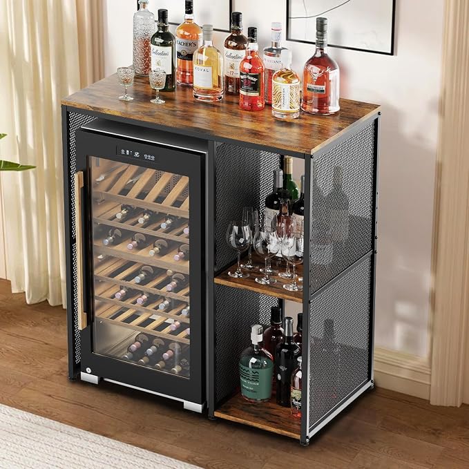 KirKical 3-Tier Mini Fridge Cabinet Coffee Bar with Storage, Vintage Wood | Industrial Style Microwave Stand Baker Rack, Utility Storage Shelf with Mini Fridge Space for Home Kitchen Dorm