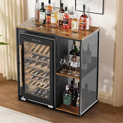 KirKical 3-Tier Mini Fridge Cabinet Coffee Bar with Storage, Vintage Wood | Industrial Style Microwave Stand Baker Rack, Utility Storage Shelf with Mini Fridge Space for Home Kitchen Dorm