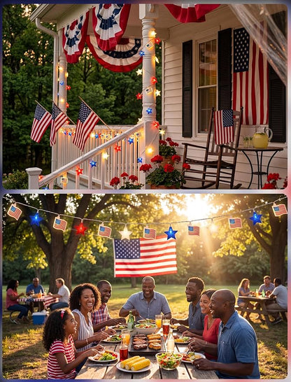 35 LED Red White Blue String Lights, 13.6FT 4th of July Decoration Lights with Patriotic Star & American flag Lights, Connectable Independence Day Lights for Window Home Patio Party Garden Decor
