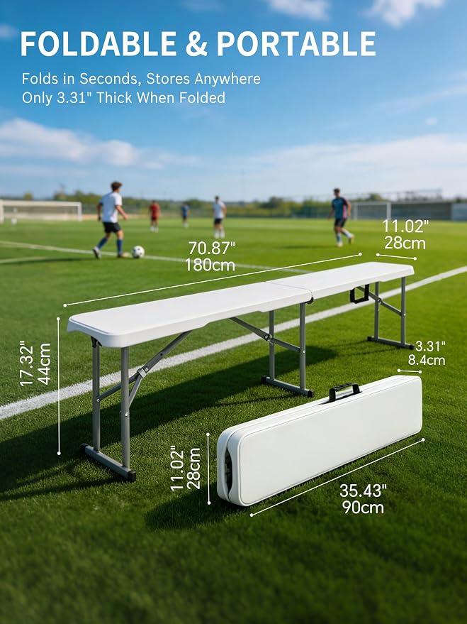 6FT Folding Bench, Fold‑in‑Half with Carrying Handle, 2 Pack | Heavy Duty Portable Plastic Bench for Dining Table, Patio , Garden & Soccer Sideline, White Foldable , Easy to Store & Carry