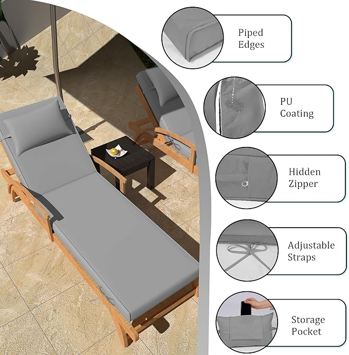 Chaise Lounge Cushions Outdoor Set of 2 Lounge Chair Cushion 80" L x 26" W with Headrest Straps 3'' Thick Waterproof Patio Chaise Cushions Pool Lounger Chair Cushion(Light Gray)