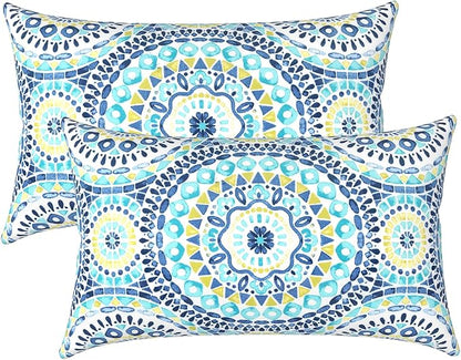 LVTXIII Outdoor/Indoor Lumbar Pillows, Decorative Patio Lumbar Cushions, Fluffy Water Repellent Garden Cushions for Home Patio Coach Sofa Use, 12×20 Inch, Pack of 2, Delancey Lagoon
