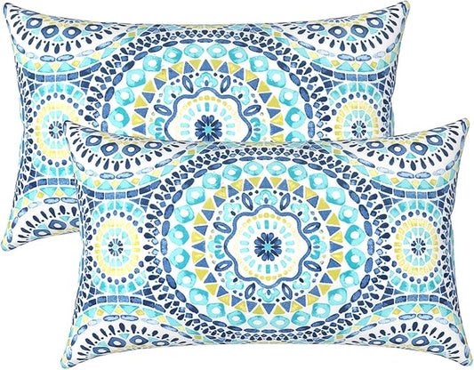 LVTXIII Outdoor/Indoor Lumbar Pillows, Decorative Patio Lumbar Cushions, Fluffy Water Repellent Garden Cushions for Home Patio Coach Sofa Use, 12×20 Inch, Pack of 2, Delancey Lagoon