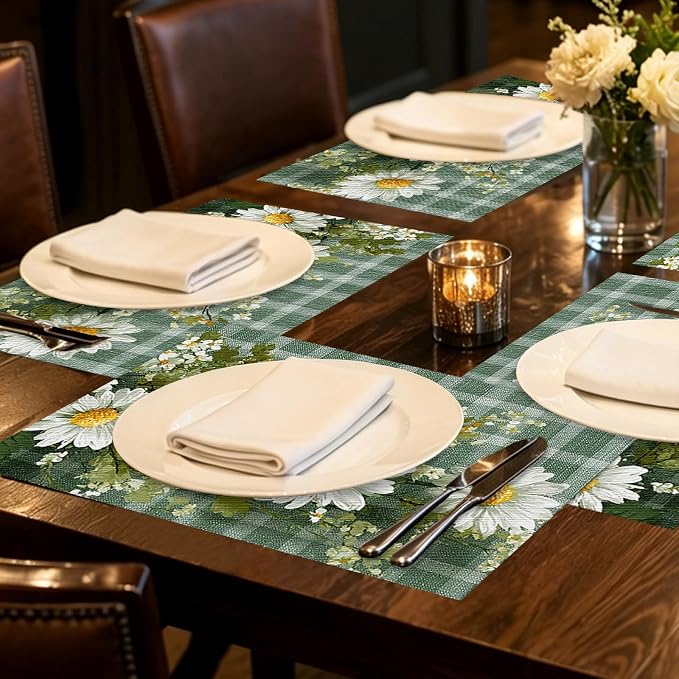 Nuxovilar Tablerunner and Placemats Set of 7 Green Plaid with Daisy Decor Linen Square Placemats for Dining Dining Sets and Accessories Outdoor Picnic, Patio Dinner, Daily Meals