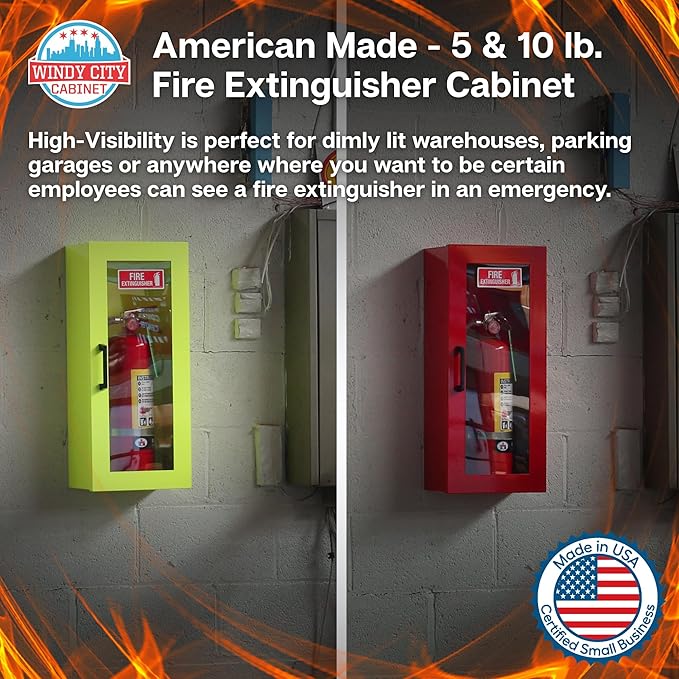 Fire Extinguisher Mount for Wall & Surface - 22 Gauge Steel, USA Made - Fire Extinguisher Cabinet Storage w/Metal Handle - Indoor & Outdoor Use - 24.5H x 9.25W x 6.5D - Neon