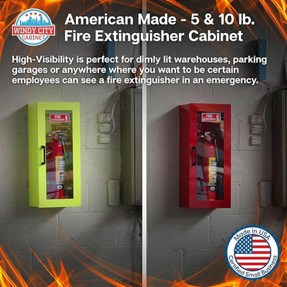 Fire Extinguisher Mount for Wall & Surface - 22 Gauge Steel, USA Made - Fire Extinguisher Cabinet Storage w/Metal Handle - Indoor & Outdoor Use - 24.5H x 9.25W x 6.5D - Neon