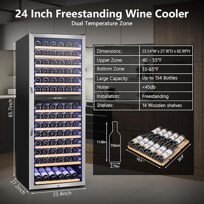Velivi Wine Fridge Freestanding Dual Temperature Zone, Wine Cooler Refrigerator for 154 Bottles, 24 Inch Wide Large Wine Cooler with Professional Temperature Control System, Quiet Operation
