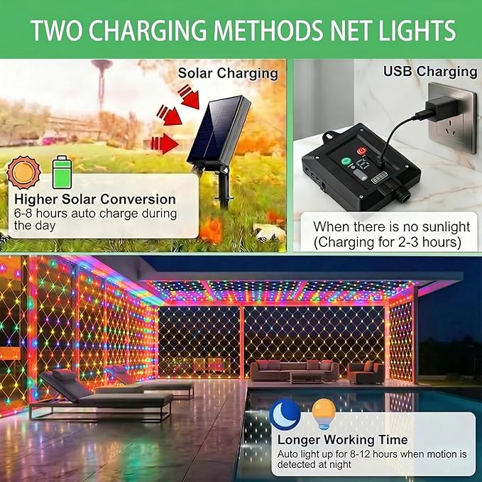 Pooqla Solar Net Lights, 21x5ft 360LED Christmas Net Lights Outdoor with 8 Modes, Solar & USB Powered Waterproof Green Wire Net Mesh String Lights for Bush Backyard Patio Decor, Colorful