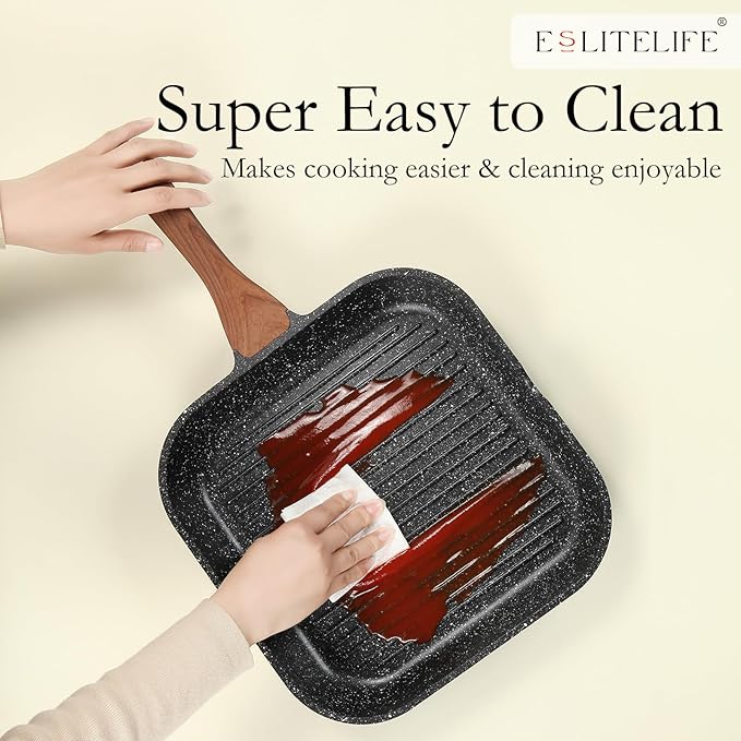 ESLITE LIFE Nonstick Grill Pan for Stove Tops, Versatile Griddle with Pour Spouts, 9.5 Inch Square Big Grilling Skillet Steak Pan for Indoor & Outdoor Cooking, PTFE & PFOA Free, Black
