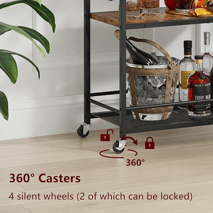 3 Tier Bar Cart, Small Beverage Cart, Mini Bar Cart with Wine Rack, Home Bar Serving Cart with Wheels for Kitchen Dining Living Room (Rustic Brown, General) GBC507R