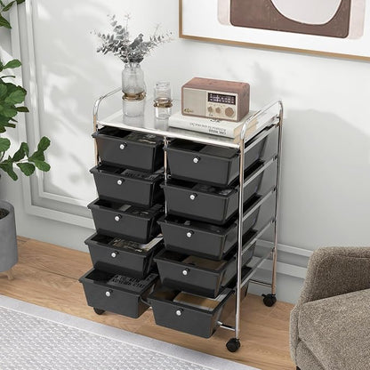 HOMGX Rolling Cart with 10 Drawers, 10 Tiers Multicolor Trolley, Drawer Bin Carts with 2 Lockable Wheels, Adjustable File & Debris Organizer Cart, Rolling Storage Cart for Office, School, Home