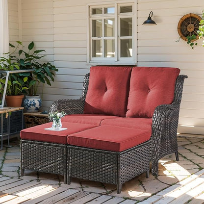 Outdoor Loveseat Sofa - 3 Piece Patio Furniture with Ottoman Deep Seating Patio Couch for Porch Deck Garden Backyard - Brown/Red