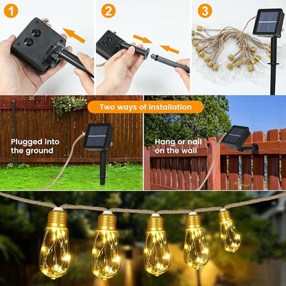 Solar String Lights, Solar Outdoor String Lights, 24FT Solar Powered Patio Lights with 20 Shatterproof Bulbs, Waterproof Vintage Rope Hemp & 8 Modes for Garden Fence Balcony Camping (Warm White)