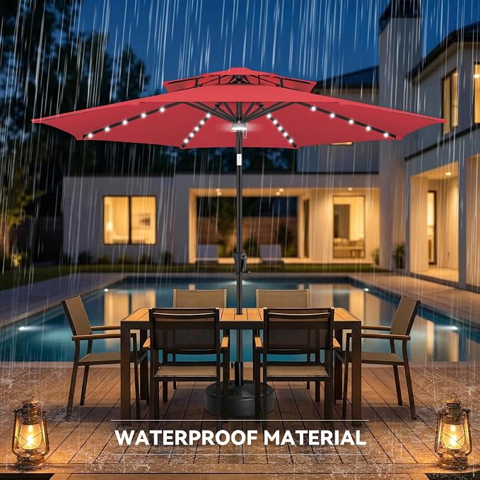 Solar Patio Umbrella Outdoor with Centre Light, 9 ft Red | 2 Tiers, 40 LED Lights, UV Protection, Solar Outdoor Umbrella for Porch, Deck, Pool, Garden, Provides Evening Lighting