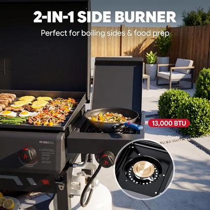 Feasto 28-Inch 3 Burner Propane Flat Top Grill with Hood and Side Burner | 550 Sq. In. Outdoor Griddle with Protective Hood, 37,500 BTU Main Burners, 13,000 BTU Lidded Side Burner, Folding Side Table