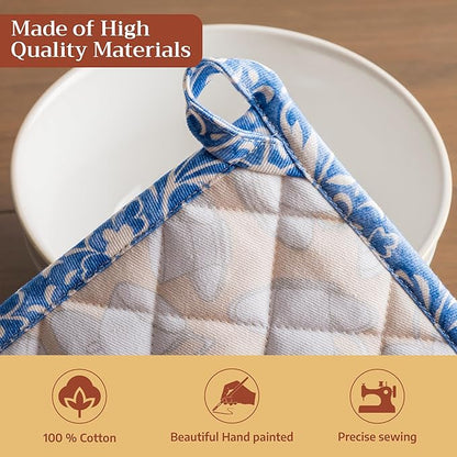 Maison d' Hermine Pot Holders 100% Cotton Heat Resistant Potholders 8" x 8" Hot Pads with Loop BBQ Cooking Baking Hotel Farmhouse Kitchen Handling Hot Pans Spring Summer (Pack of 2, Canton)