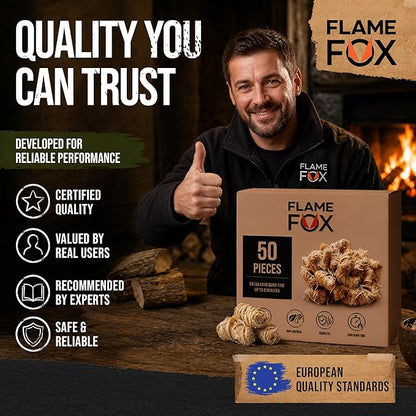 FlameFox Fire Starters 50 pcs – Natural Wood Wool Tumbleweed Fire Starter – Odorless Long Burning and Eco Friendly Firestarters – for Fireplace, Campfire, Grill, BBQ, Charcoal, Wood Stove & Fire Pit