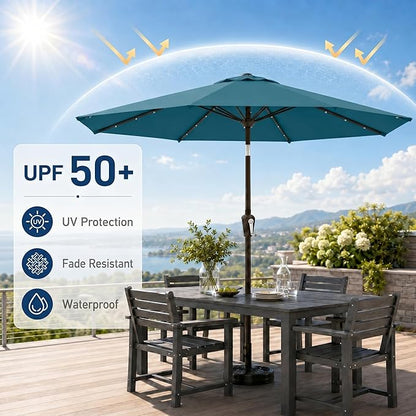 10FT Solar Patio Umbrella with Lights, Outdoor Table Market Umbrella with 32 LED Lights, 8 Sturdy Ribs, Push Button Tilt and Crank for Pool, Deck and Garden, UV-Resistant