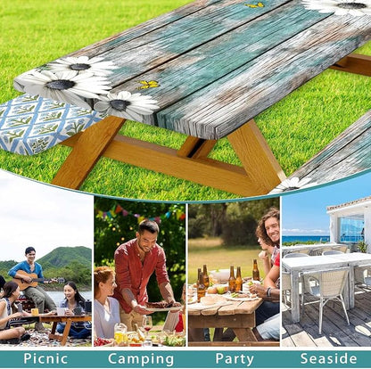 Daisy Flowers Picnic Table Cover with Bench Covers and Bag, Camping Essentials, Wooden Grain Waterproof Windproof, Fitted Tablecloth Cover with Elastic Edge, for Indoor & Outdoor, 3 PCS, 30x96 Inch