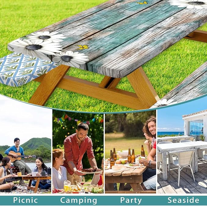 Daisy Flowers Picnic Table Cover with Bench Covers and Bag, Camping Essentials, Wooden Grain Waterproof Windproof, Fitted Tablecloth Cover with Elastic Edge, for Indoor & Outdoor, 3 PCS, 30x72 Inch