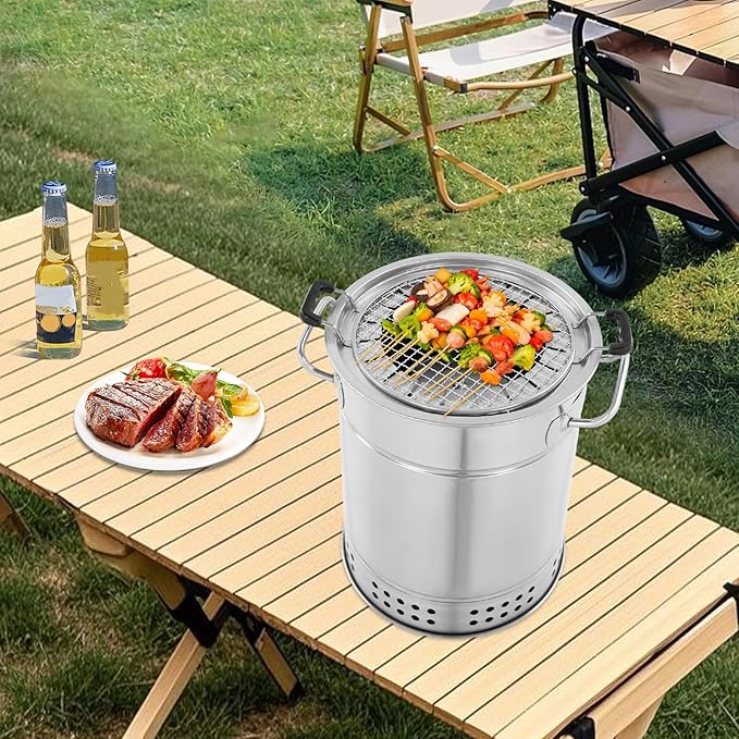 Portable Vertical BBQ Charcoal Grill Stainless Steel Surround Charcoal Barrel Shape Grill for Picnics Camping Traveling Barbecue Parties, with Skewers and Oil Drip Pan (20-skewer)