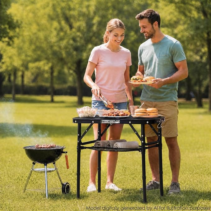 YUFIFAIRY Small Folding Table Portable, 24''L x16''W Foldable Camp Table | Lightweight Aluminum Frame, 3 Adjustable Height 10"/19"/27.5", For Indoor, Outdoor, Cooking, Picnic, All Black Table