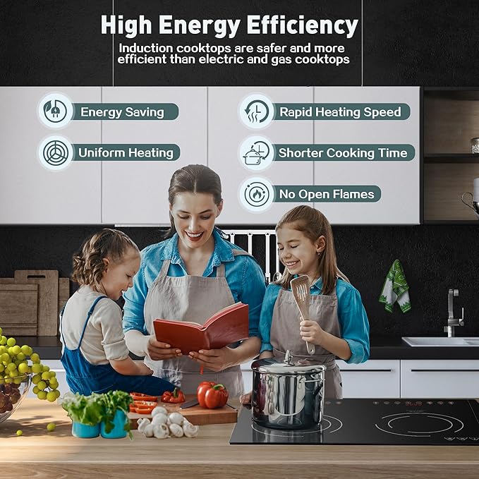 Induction Cooktop with 2 Burners, Horizontal Electric Stove, Built-In Induction Cooker, 1800W Sensor Touch Electric Cooktop, 9 Power Levels, Timer, Safety Lock, 120V, 20 Inch